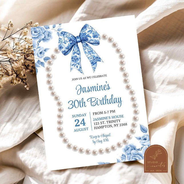 Blue Bow Chinoiserie Pearls Women Birthday Invitation (Creator Uploaded)