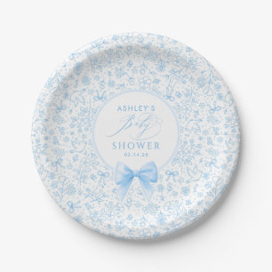 Blue Bow Chinoiserie Wildflowers Baby Shower  Paper Plate