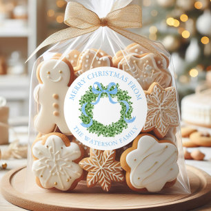 Blue Bow Christmas Boxwood Wreath Gift Classic Round Sticker