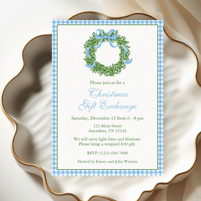 Blue Bow Christmas Boxwood Wreath Party Invitation (Creator Uploaded)