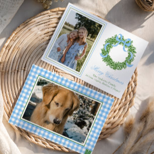 Blue Bow Christmas Boxwood Wreath Photo Holiday Card