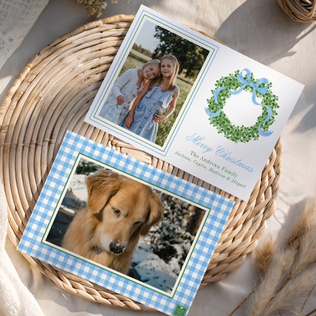 Blue Bow Christmas Boxwood Wreath Photo Holiday Card (Creator Uploaded)