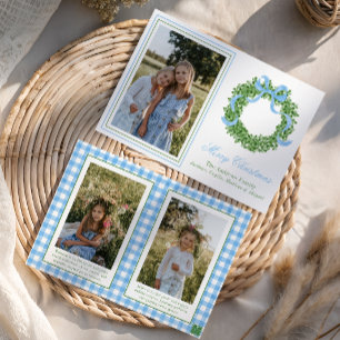 Blue Bow Christmas Boxwood Wreath Photo Holiday Card