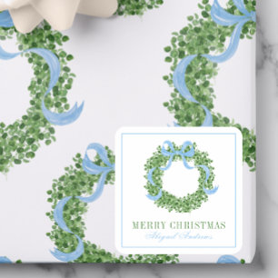 Blue Bow Christmas Boxwood Wreath Square Sticker