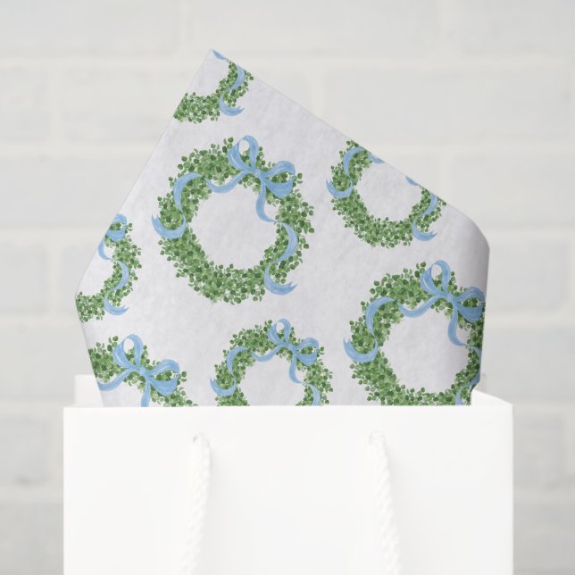 Blue Bow Christmas Boxwood Wreath Tissue Paper (Gift Bag)