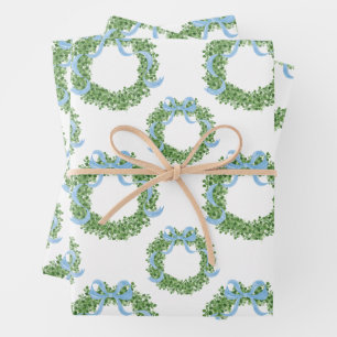 Blue Bow Christmas Boxwood Wreath Wrapping Paper Sheet