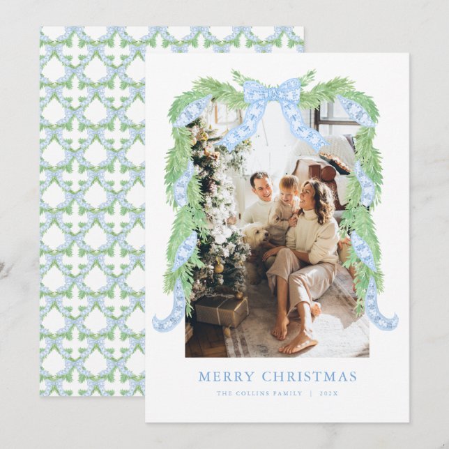 Blue Bow Christmas Chinoiserie Photo Holiday Card (Front/Back)