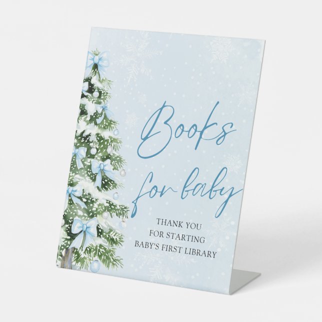 Blue Bow Christmas Tree Baby Shower Books for Baby Pedestal Sign (Front)