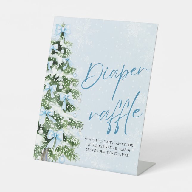 Blue Bow Christmas Tree Baby Shower Diaper Raffle Pedestal Sign (Front)