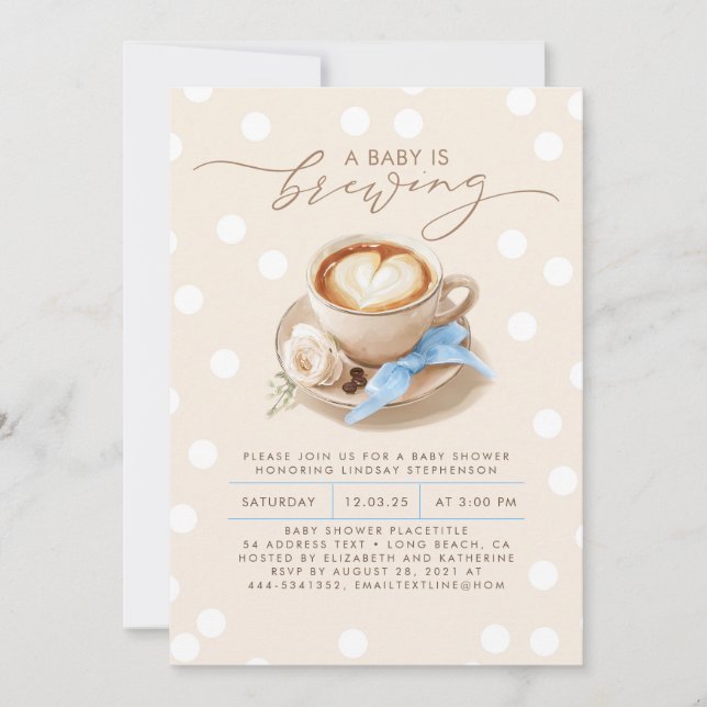 Blue Bow Coffee Baby Is Brewing Boy Baby Shower Invitation (Front)