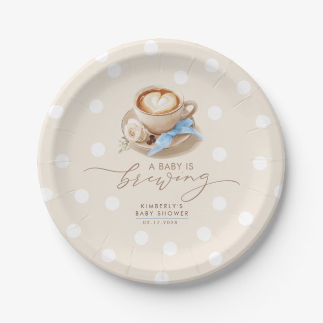 Blue Bow Coffee Baby Is Brewing Boy Baby Shower Paper Plate (Front)