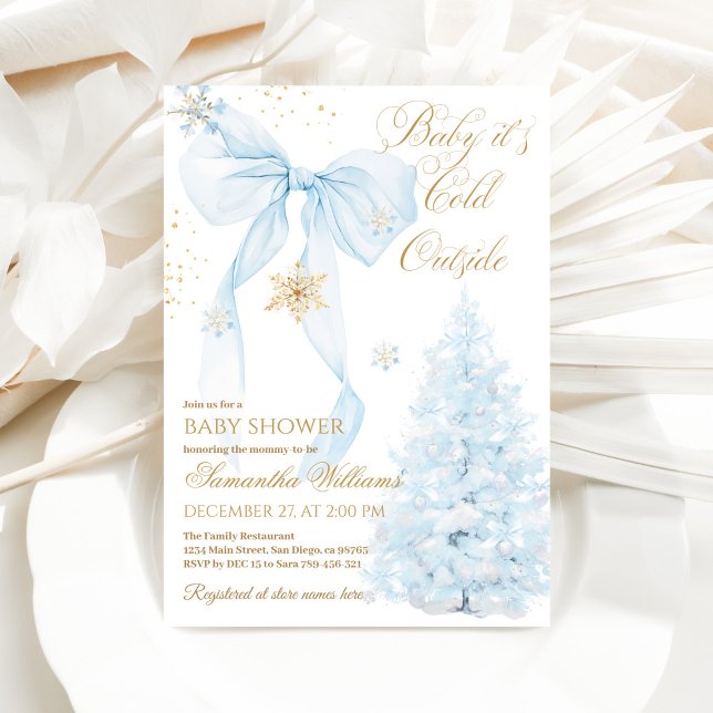 Blue Bow Cold Outside Boy Baby Shower Invitation (Creator Uploaded)