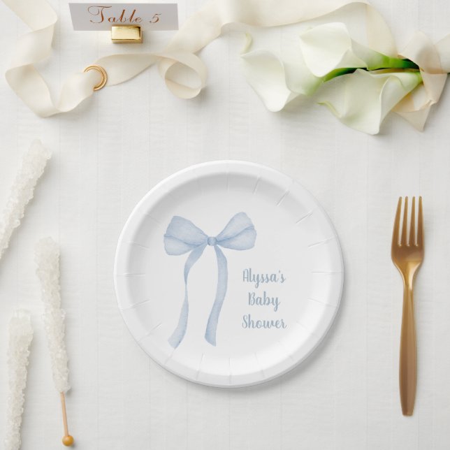 Blue Bow Coquette Baby Shower Paper Plate (Wedding)