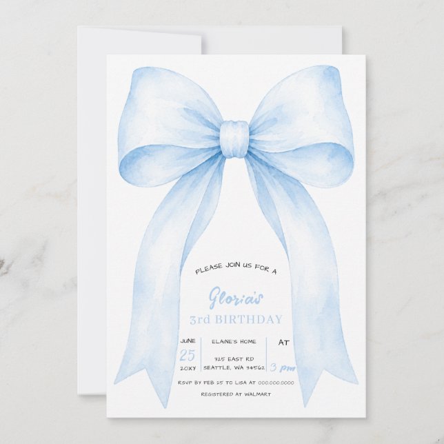 Blue Bow Coquette Birthday Party Invitation (Front)