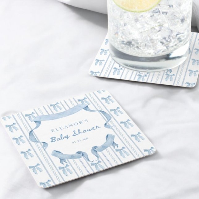 Blue Bow Coquette Blue Boy baby Shower Square Paper Coaster (Creator Uploaded)