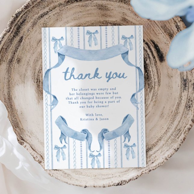 Blue Bow Coquette Blue Boy baby Shower Thank You Card (Creator Uploaded)