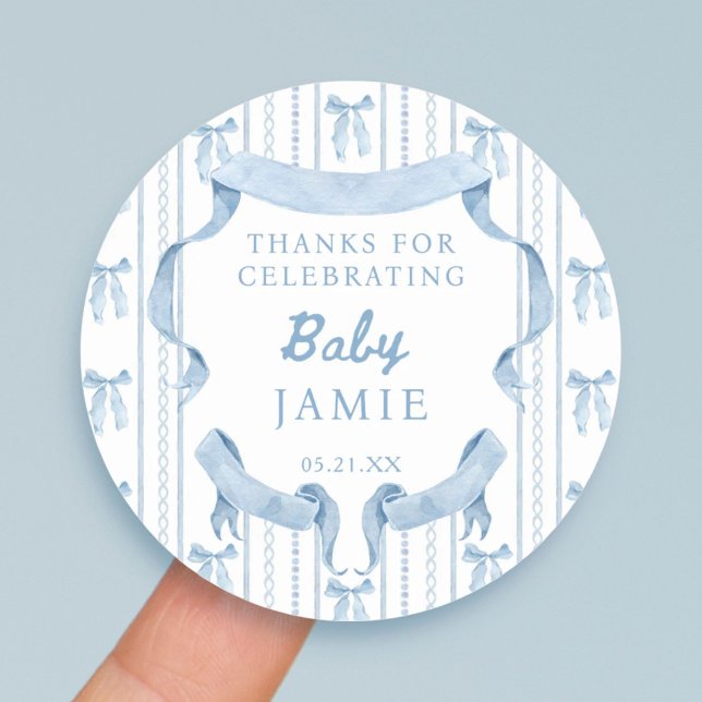 Blue Bow Coquette Blue Boy baby Shower Thank You Classic Round Sticker (Creator Uploaded)