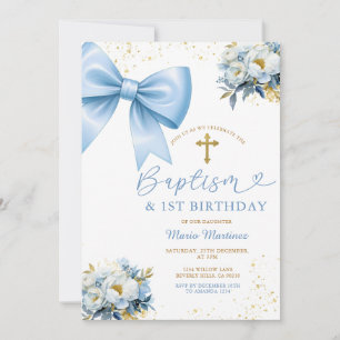Blue Bow Coquette Girl Baptism and Birthday Floral Invitation