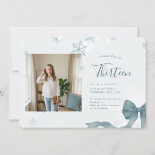 Blue Bow Coquette Girls Photo Winter 13th Birthday Invitation