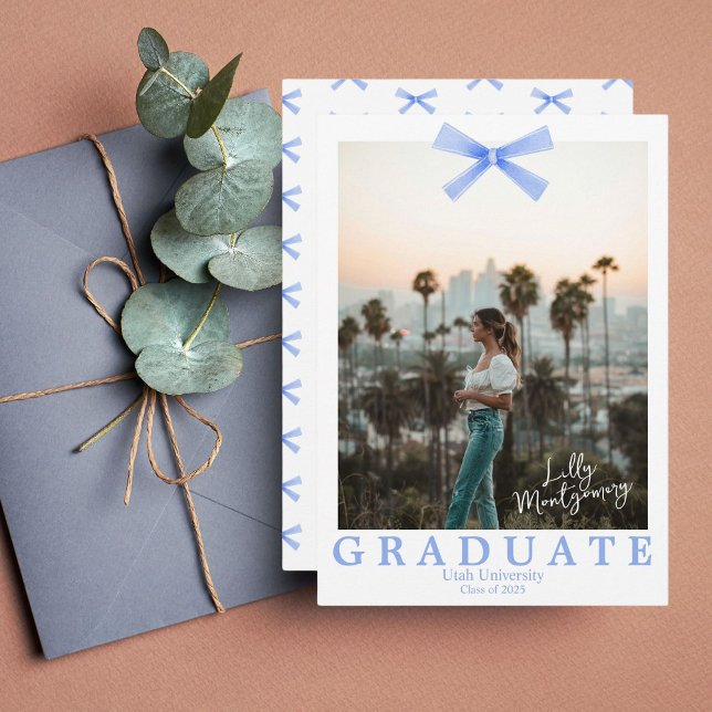 Blue Bow Coquette Photo Graduation Announcement (Creator Uploaded)