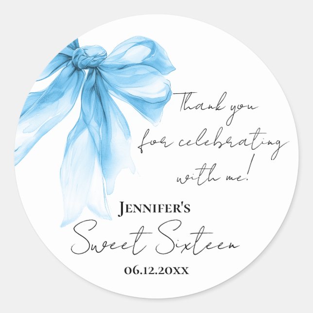 Blue Bow Coquette Script Sweet 16 Thank You  Classic Round Sticker (Front)