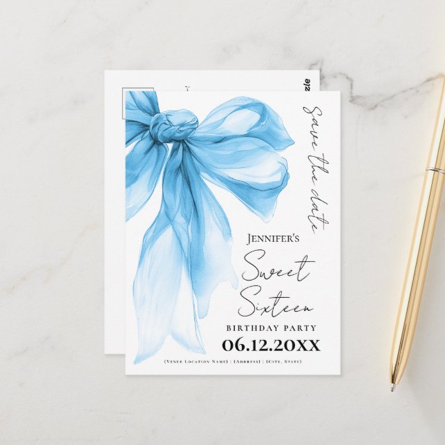 Blue Bow Coquette Sweet 16 Save the Date  Postcard (Front/Back In Situ)