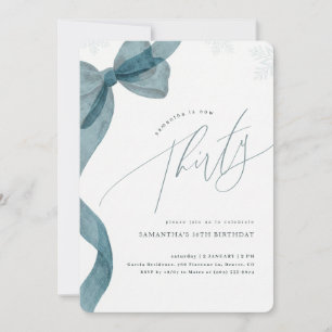 Blue Bow Coquette Winter Snowflake 30th Birthday Invitation