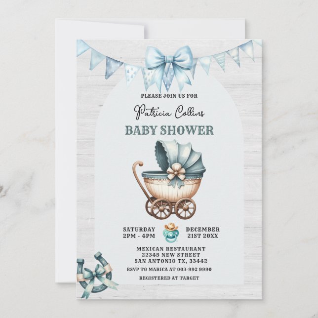 Blue Bow Cowboy Stroller Baby Shower  Invitation (Front)