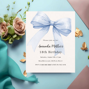Blue bow cream beige birthday invitation