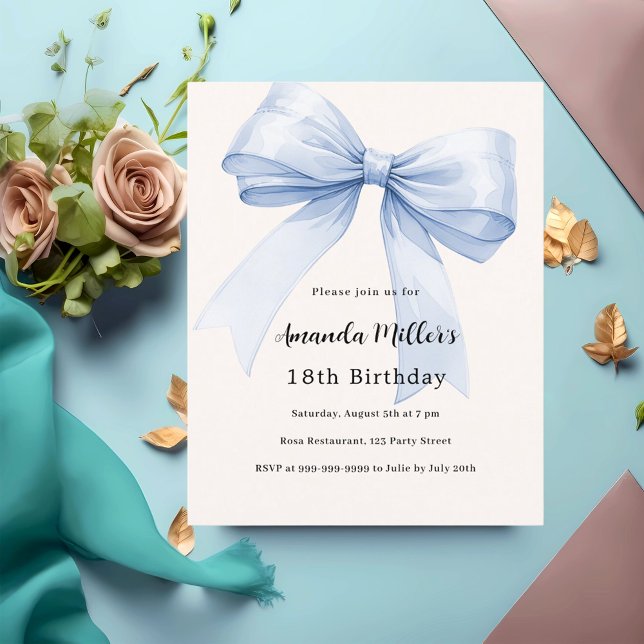 Blue bow cream beige birthday invitation (Creator Uploaded)