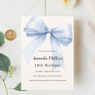 Blue bow cream beige elegant birthday invitation
