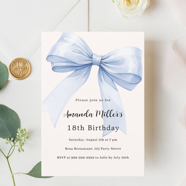 Blue bow cream beige elegant birthday invitation (Creator Uploaded)