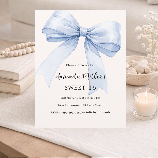 Blue bow cream beige elegant Sweet 16 invitation (Creator Uploaded)