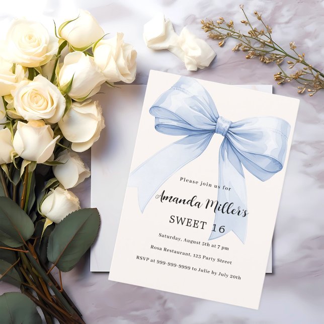 Blue bow cream beige elegant Sweet 16 luxury Invitation (Creator Uploaded)