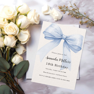 Blue bow cream beige luxury birthday invitation