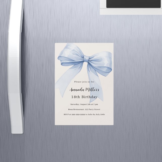 Blue bow cream beige luxury birthday magnetic invitation (Creator Uploaded)