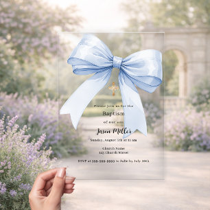 Blue bow cream boy Baptism clear Acrylic Invitations