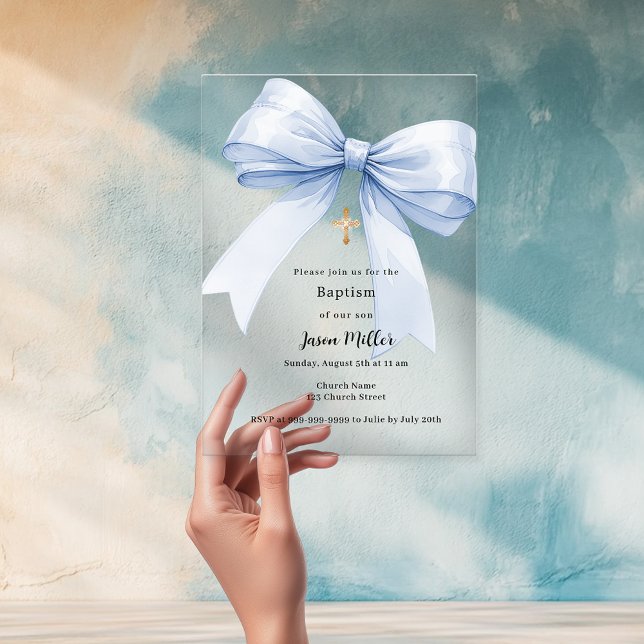 Blue bow cream boy Baptism clear Acrylic Invitations (Creator Uploaded)