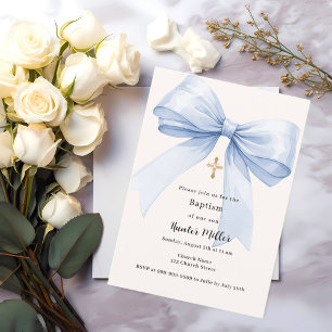 Blue bow cream boy Baptism Invitation