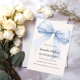 Blue bow cream elegant Quinceanera Invitation