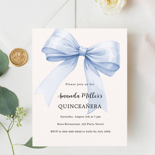 Blue bow cream elegant Quinceanera invitation (Creator Uploaded)