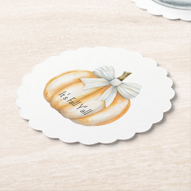 Blue Bow Cream Orange Pumpkin  Paper Coaster (Angled)
