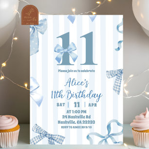 Blue Bow Double Digit Girl Birthday Invitation