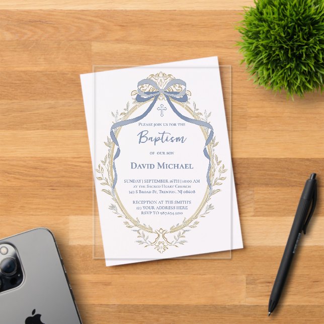 blue bow elegant beige frame Baptism Acrylic Invitations (Insitu (Invitation Card))