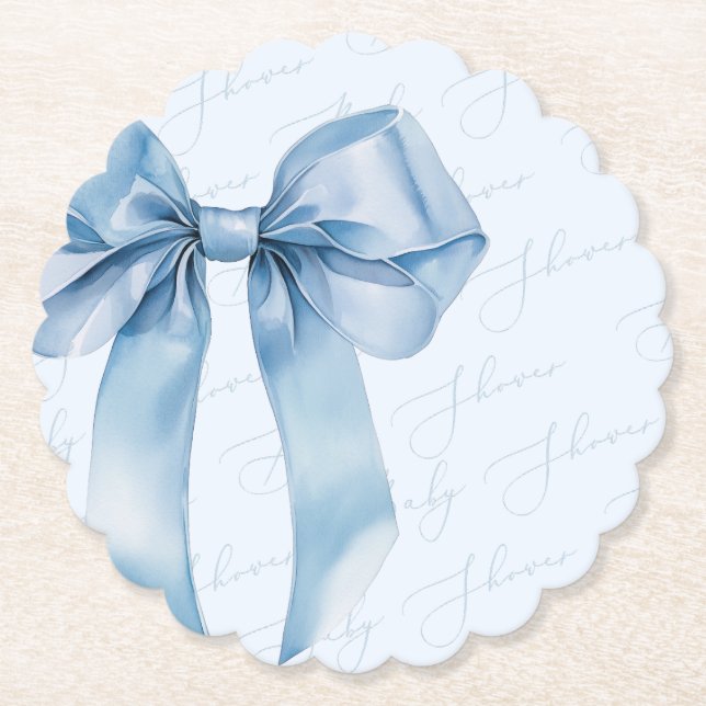 Blue Bow Elegant calligraphy Boy Baby Shower Paper Coaster (Front)