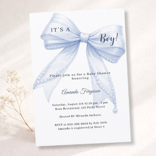 Blue bow elegant pearls boy Baby Shower Invitation