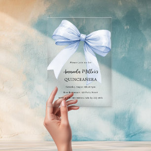 Blue bow elegant Quinceanera luxury clear Acrylic Invitations