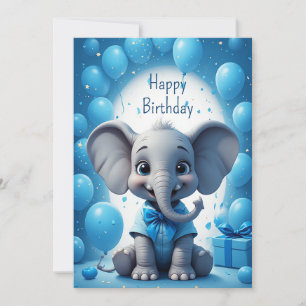 Blue Bow Elephant Birthday Wishes 🐘 Invitation