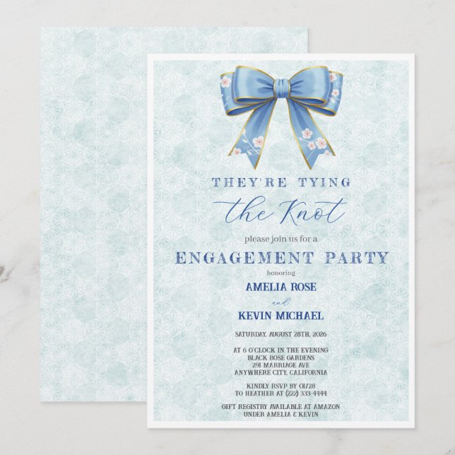 Blue Bow Engagement Invitation – Japanese Style (Front/Back)