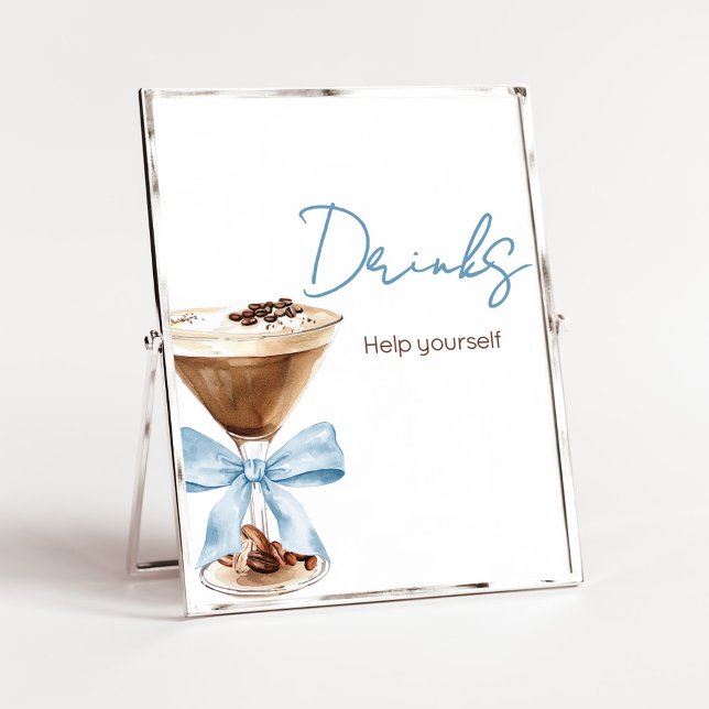 Blue Bow Espresso Martini Baby Shower Drinks Sign (Espresso Baby Shower Sign)